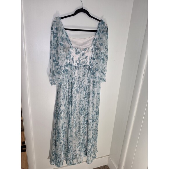 Minuet Blue White Floral Chiffon Maxi Dress Square Neck Sheer 3/4 Sleeve Size L - Picture 5 of 6